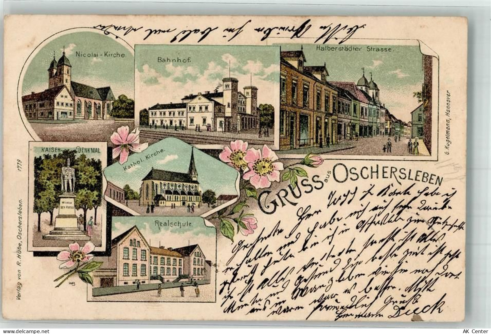 39387 O3230 Oschersleben 1898 Lithographie Kaiserdenkmal Realschule Nico... - 13652488