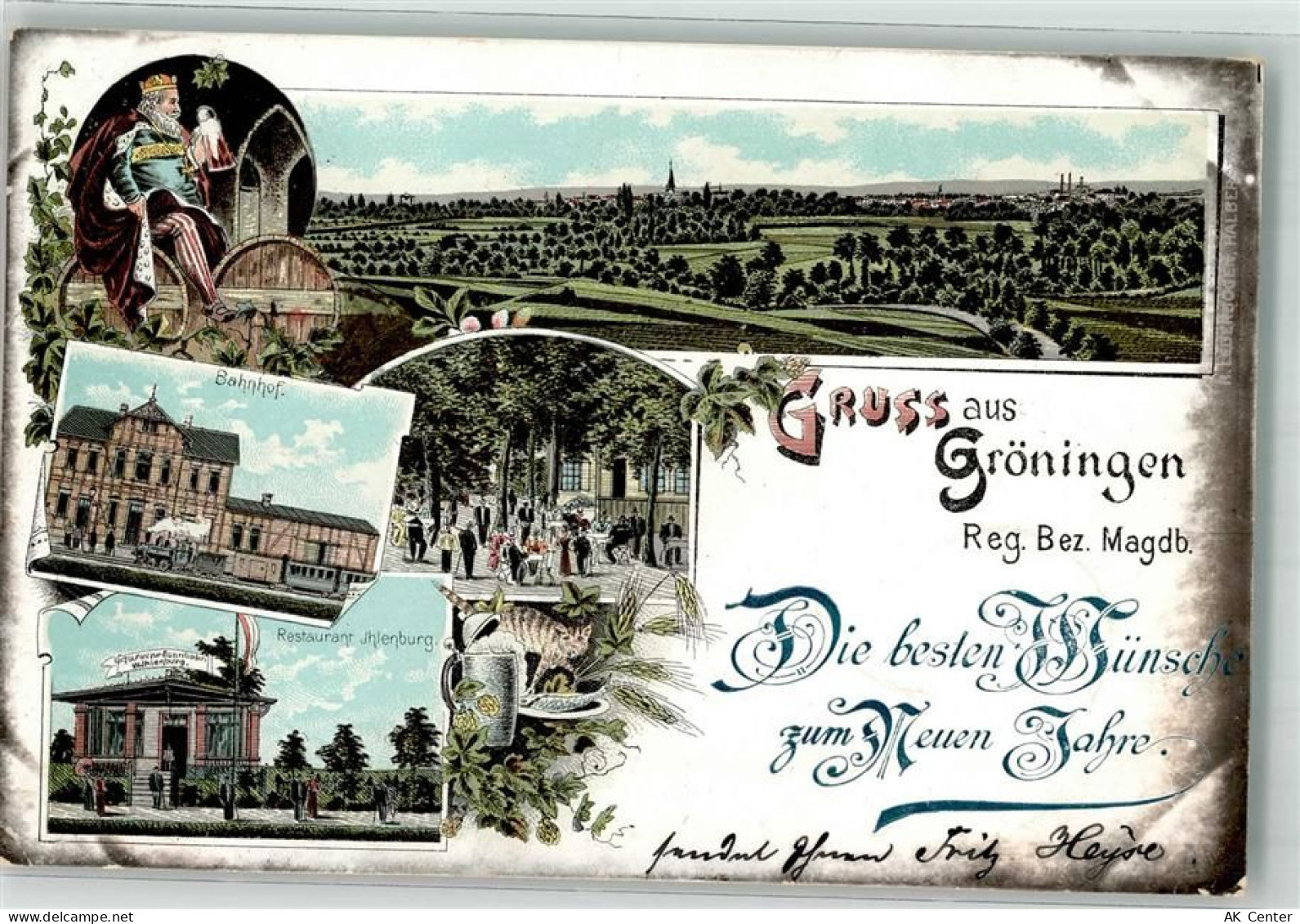 39397 O3233 Gröningen b Oschersleben 1899 Lithographie Bahnhof Gasthaus ... - 13638831