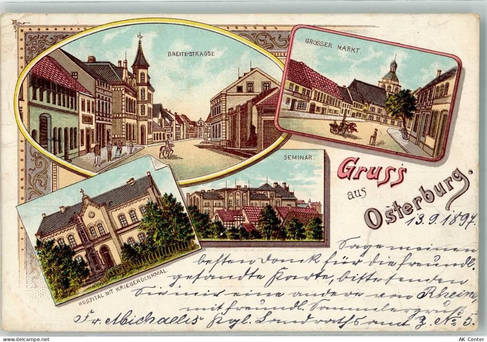 39606 O3540 Osterburg Altmark 1897 Lithographie Hospital Kriegerdenkmal ... - 13632279