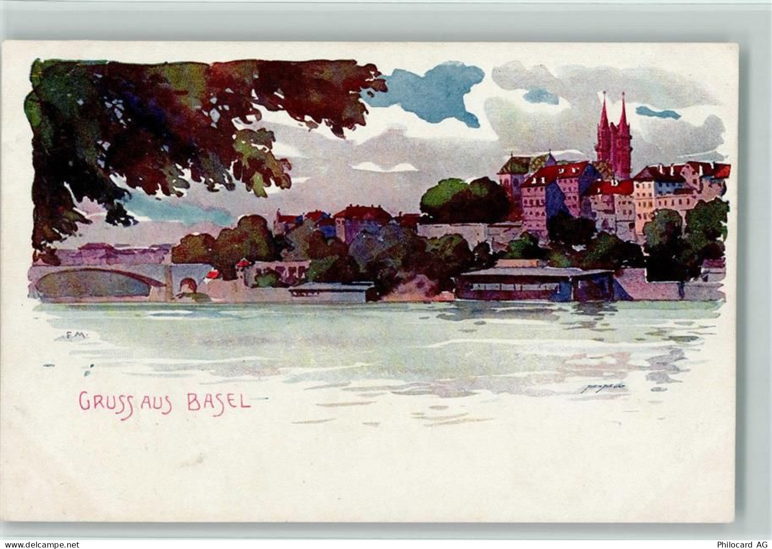4000 Basel Bâle Künstlerkarte Blick nach Basel sign. - 11093947