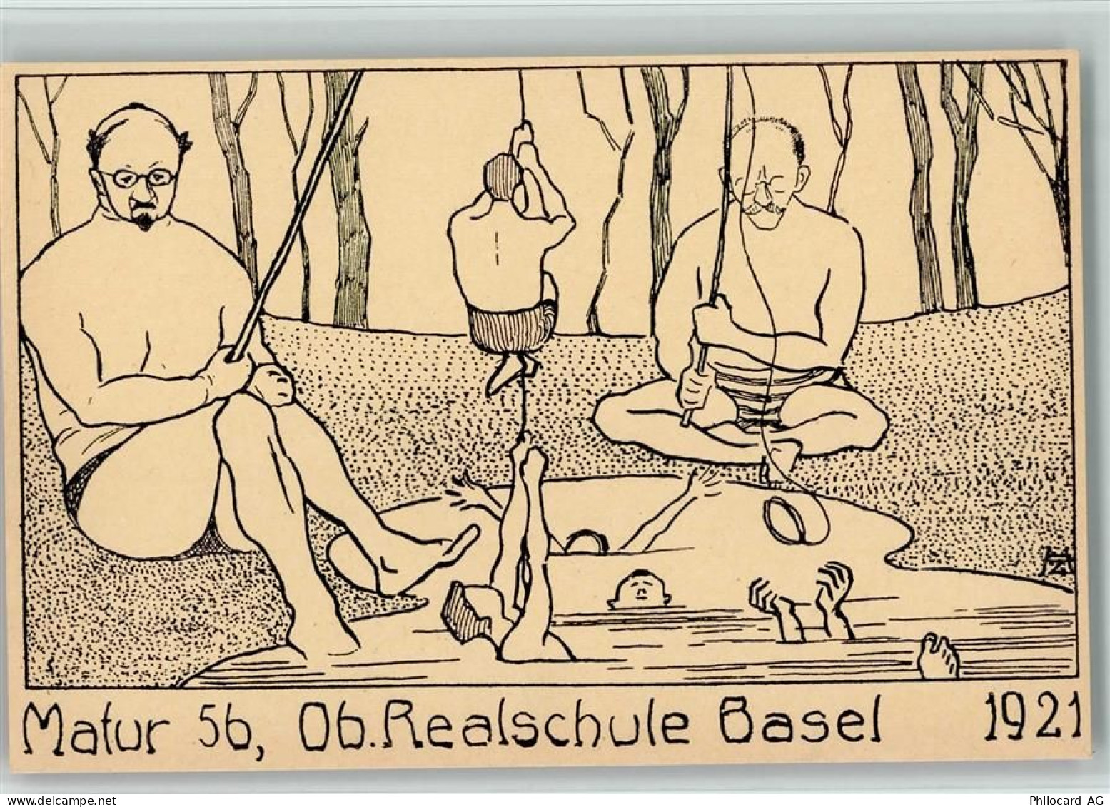 4000 Basel Bâle Künstlerkarte Männer beim Angeln Matur 56 Realschule - 13114840
