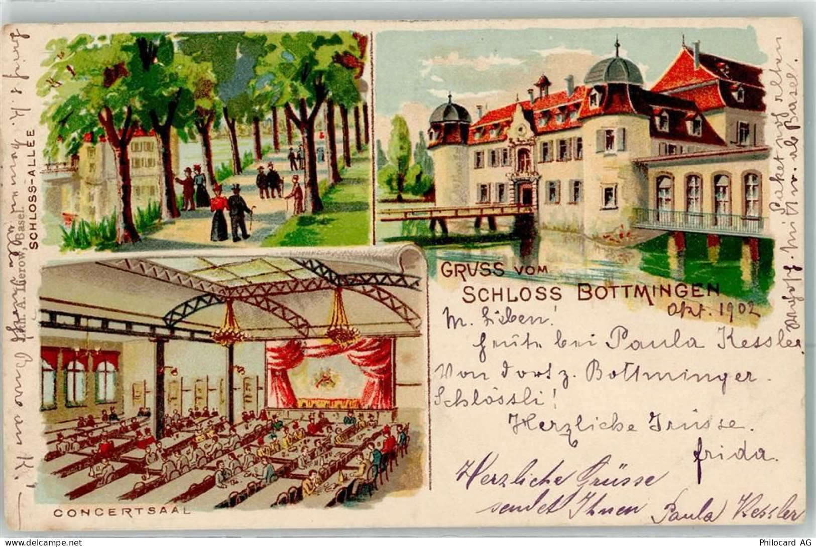 4103 Bottmingen 1902 Lithographie Schloss Konzertsaal Allee - 13616089