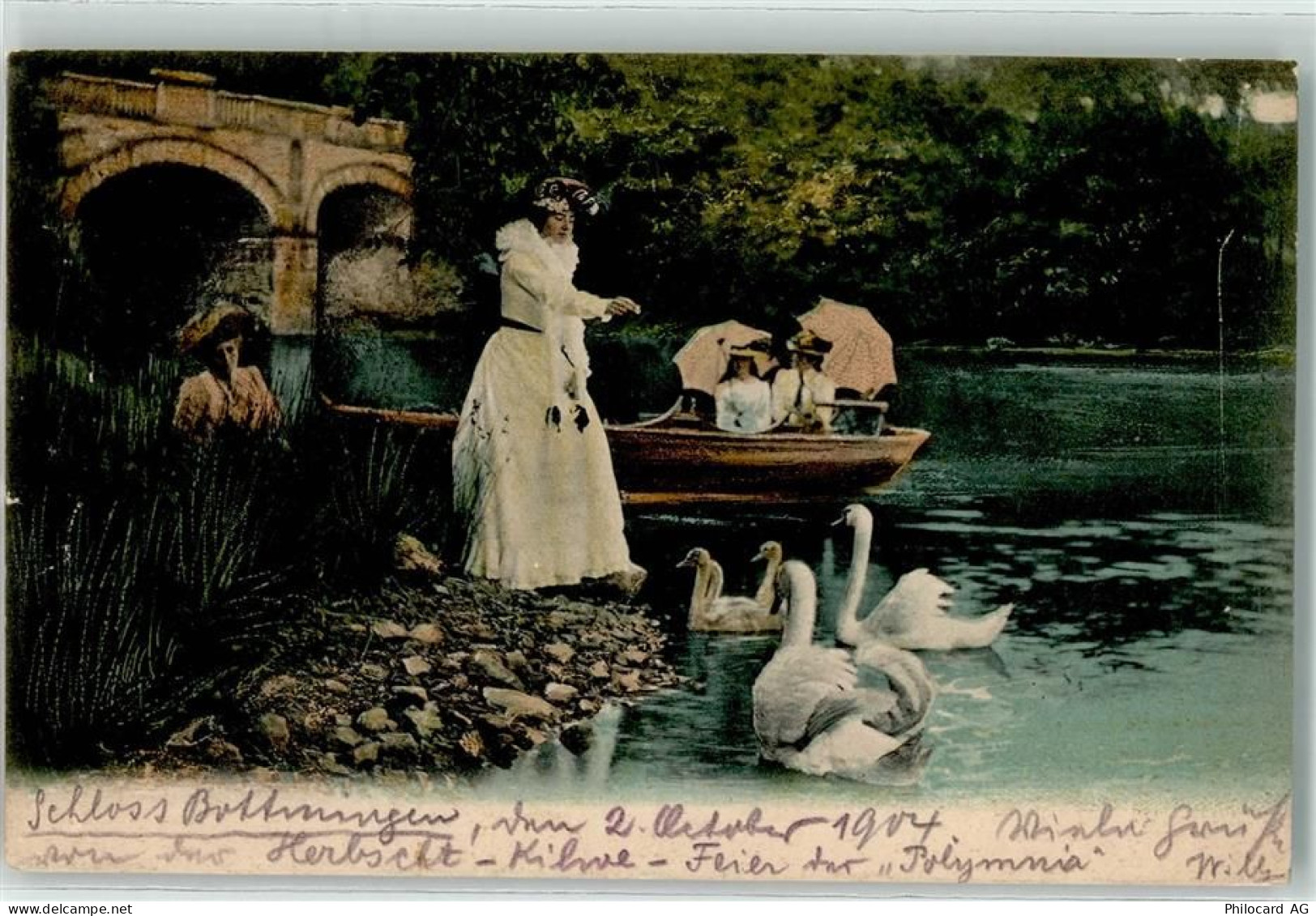 4103 Bottmingen 1904 Gebrauchsspuren Dame am Schwäne füttern am Schlosst... - 10592054