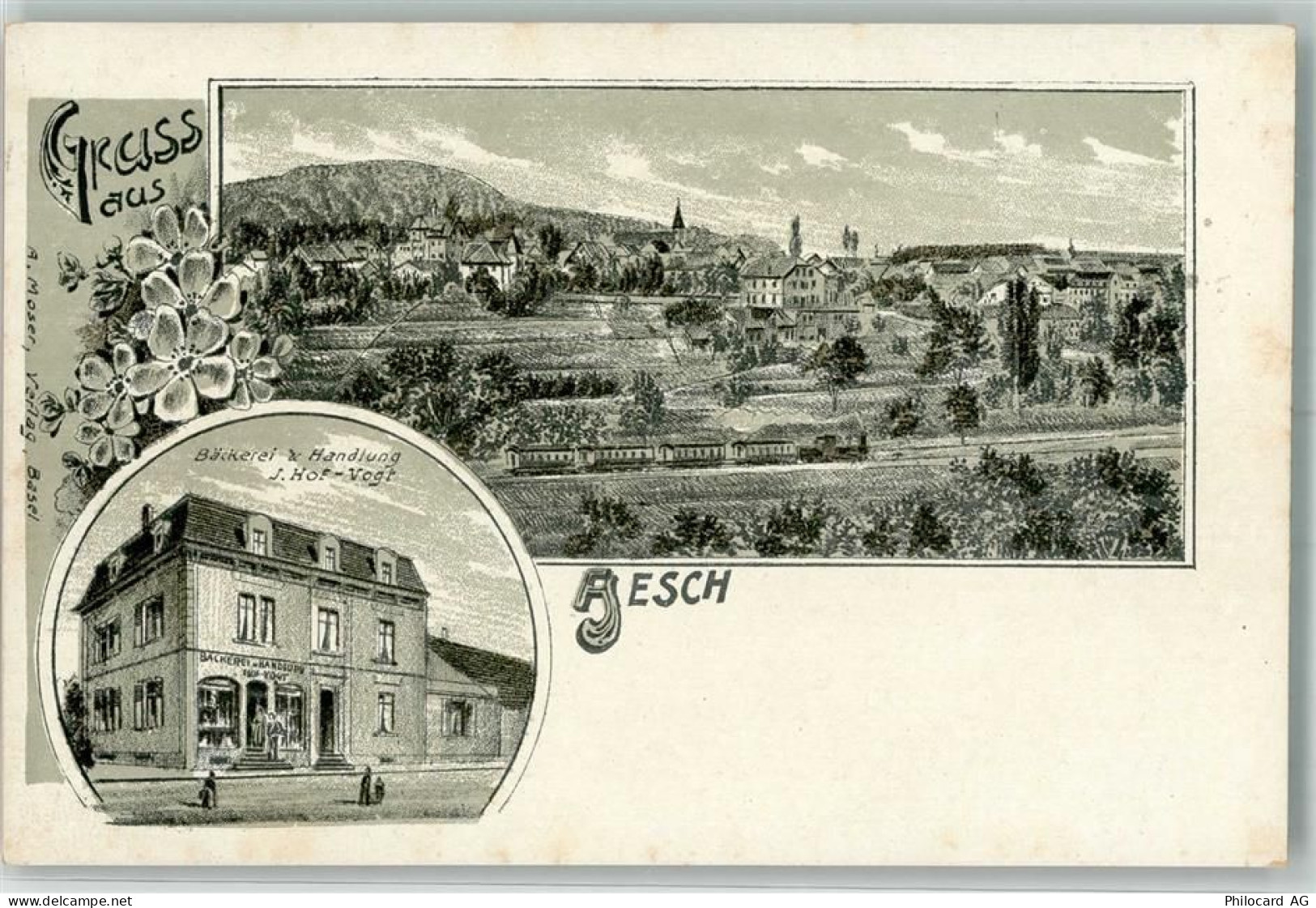 4147 Aesch BL Lithographie Bäckerei Handlung J. Hof-Vogt Eisenbahn - 13633695