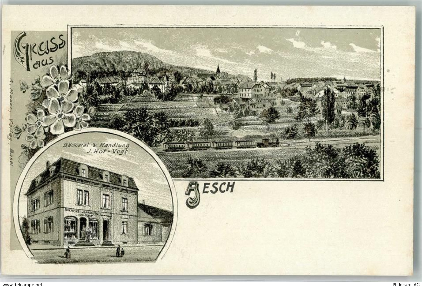 4147 Aesch BL Lithographie Bäckerei Handlung J. Hof-Vogt Eisenbahn - 13633696