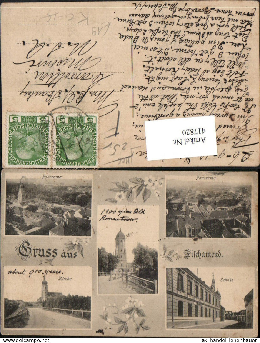 417820,Gruß aus Fischamend Totale Kirche Schule Mehrbildkarte