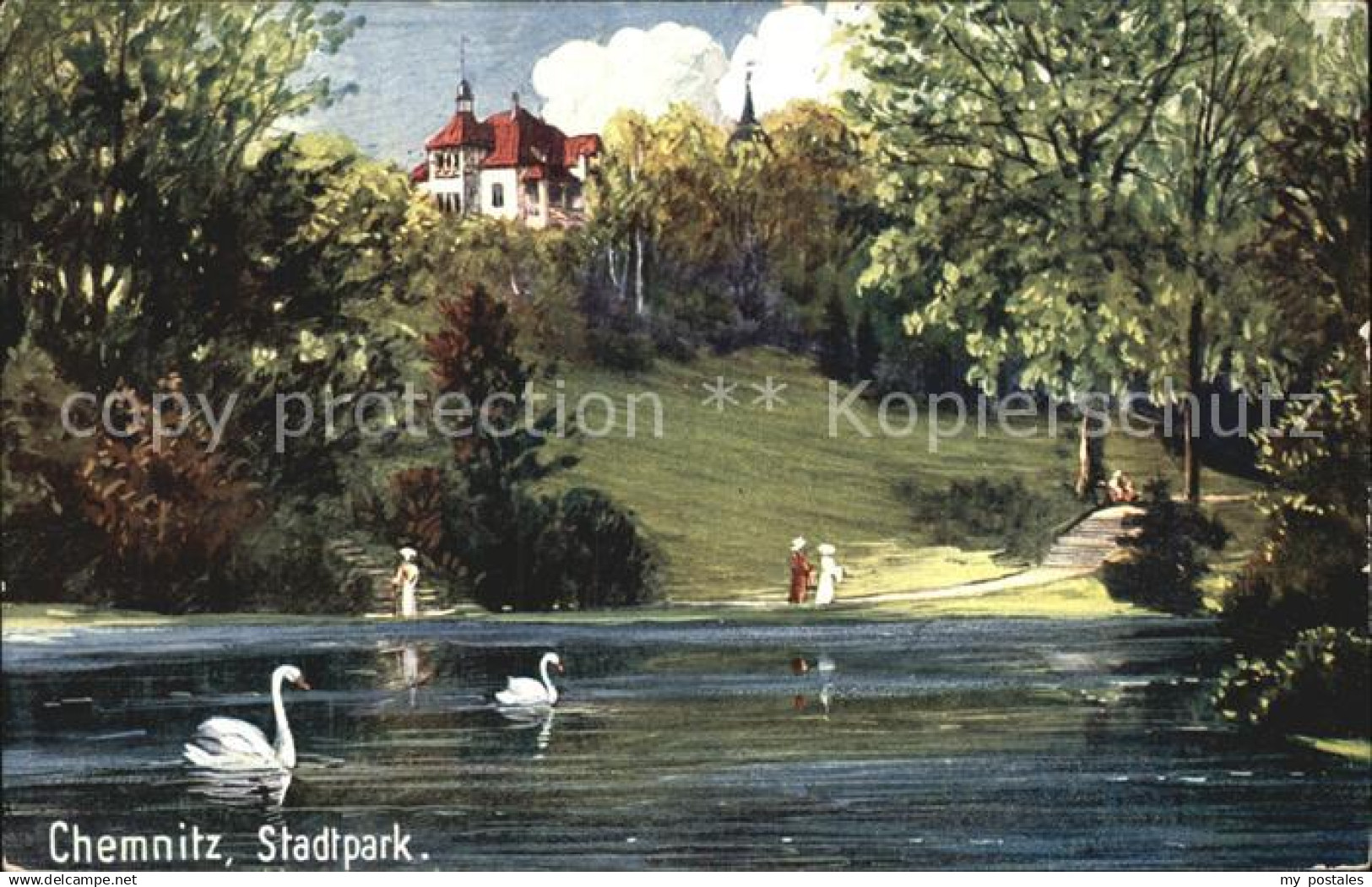 42585280 Chemnitz Stadtpark Schwanenteich Kuenstlerkarte Chemnitz
