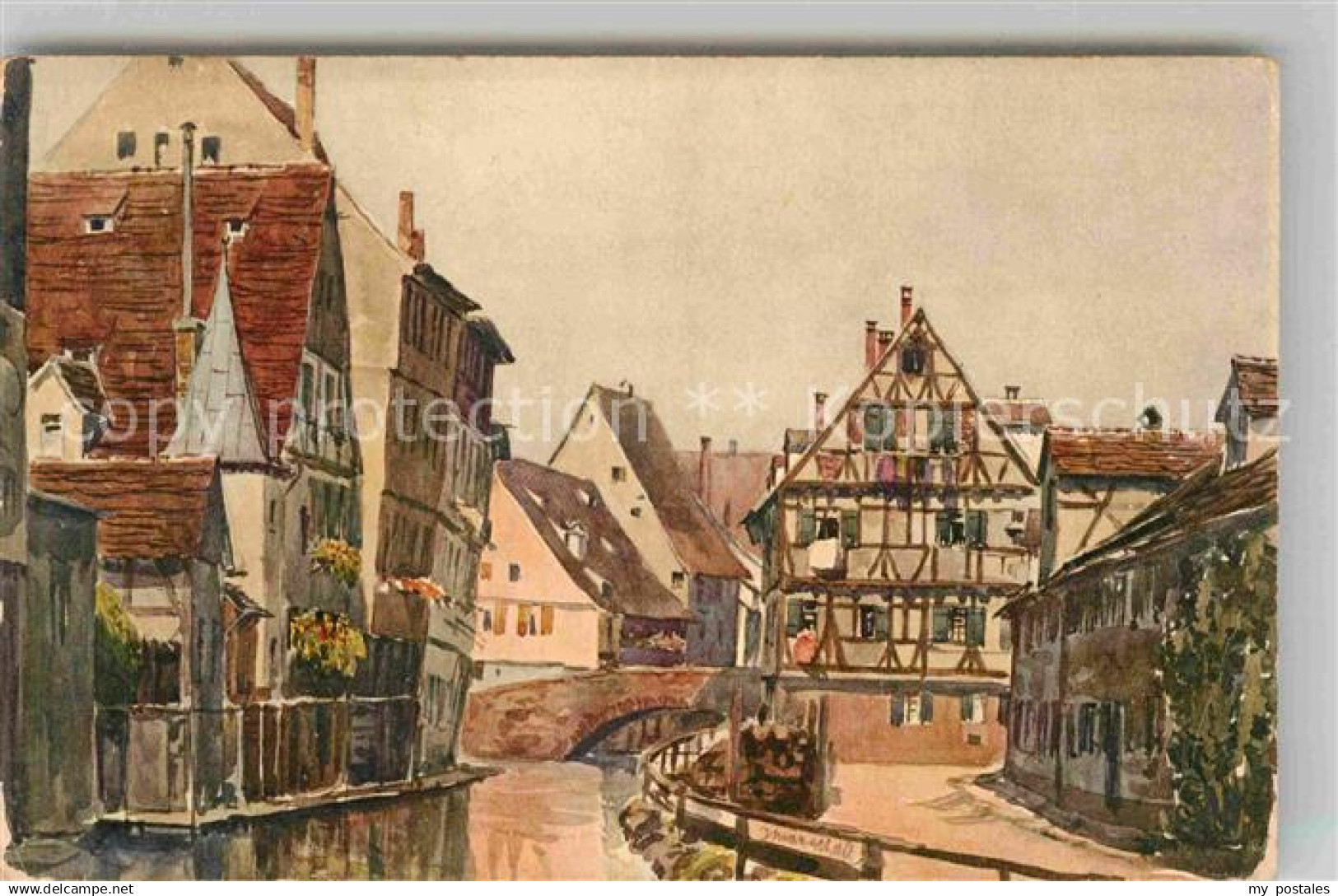 42660240 Ulm Donau Alt Ulm Partie Blau Aquarell Marschall Ulm