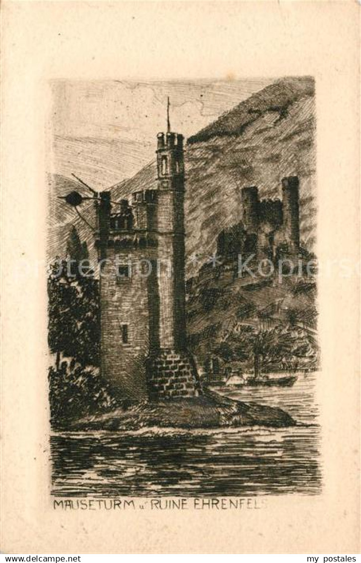 43134728 Ehrenfels Bingen Maeuseturm Ruine Kuenstlerkarte Bingen