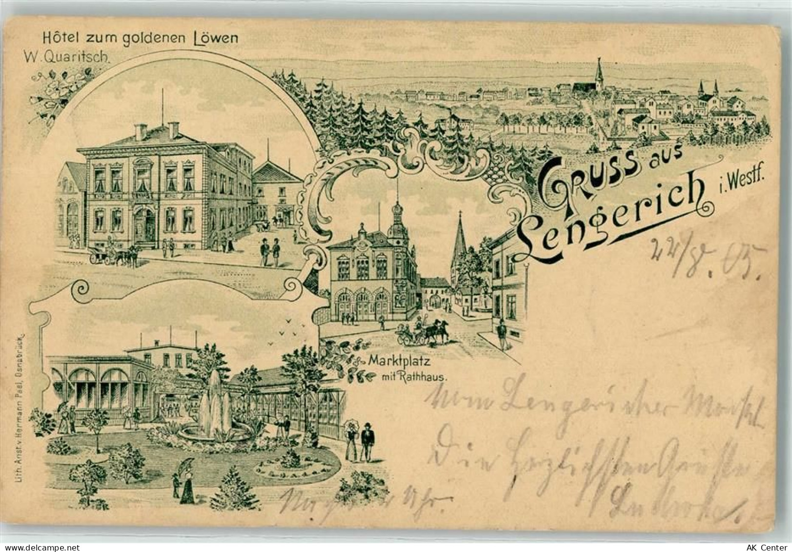 49525 W4540 Lengerich , Westf 1905 Lithographie Hotel Zum goldenen Löwen... - 13606241