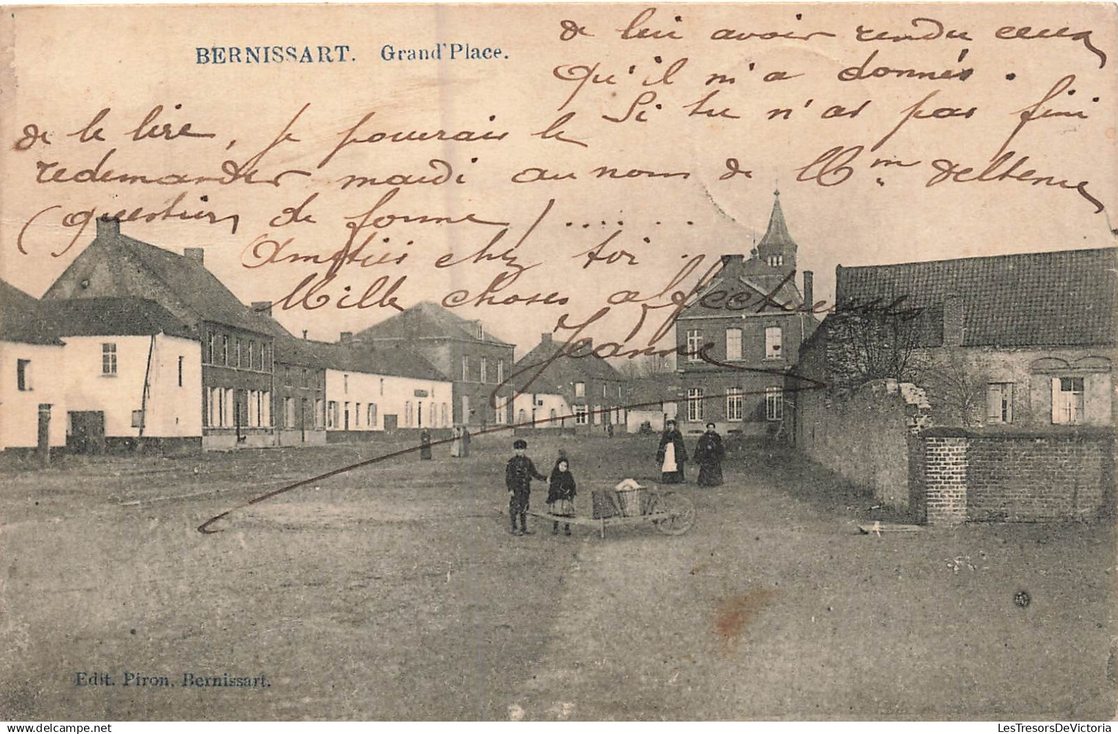 [-5%] BELGIQUE - Bernissart - GrandPlace - tour - enfant - animé - oblit étoilée 1912 - Carte postale ancienne