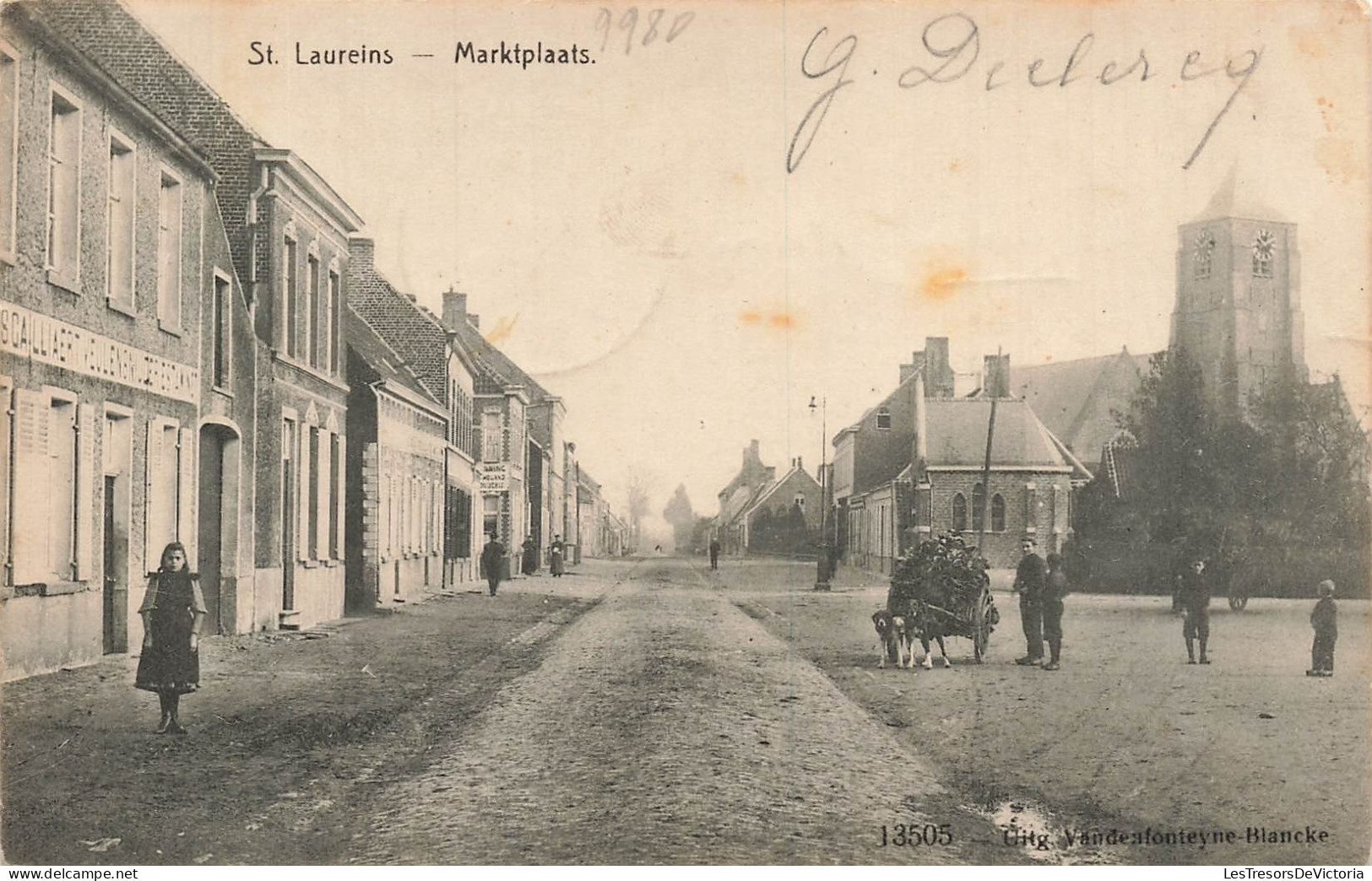 [-5%] BELGIQUE - Sint Laureins - Marktplaats - Place - attelage de chiens - fagots - enfants - animé - Carte postale anc