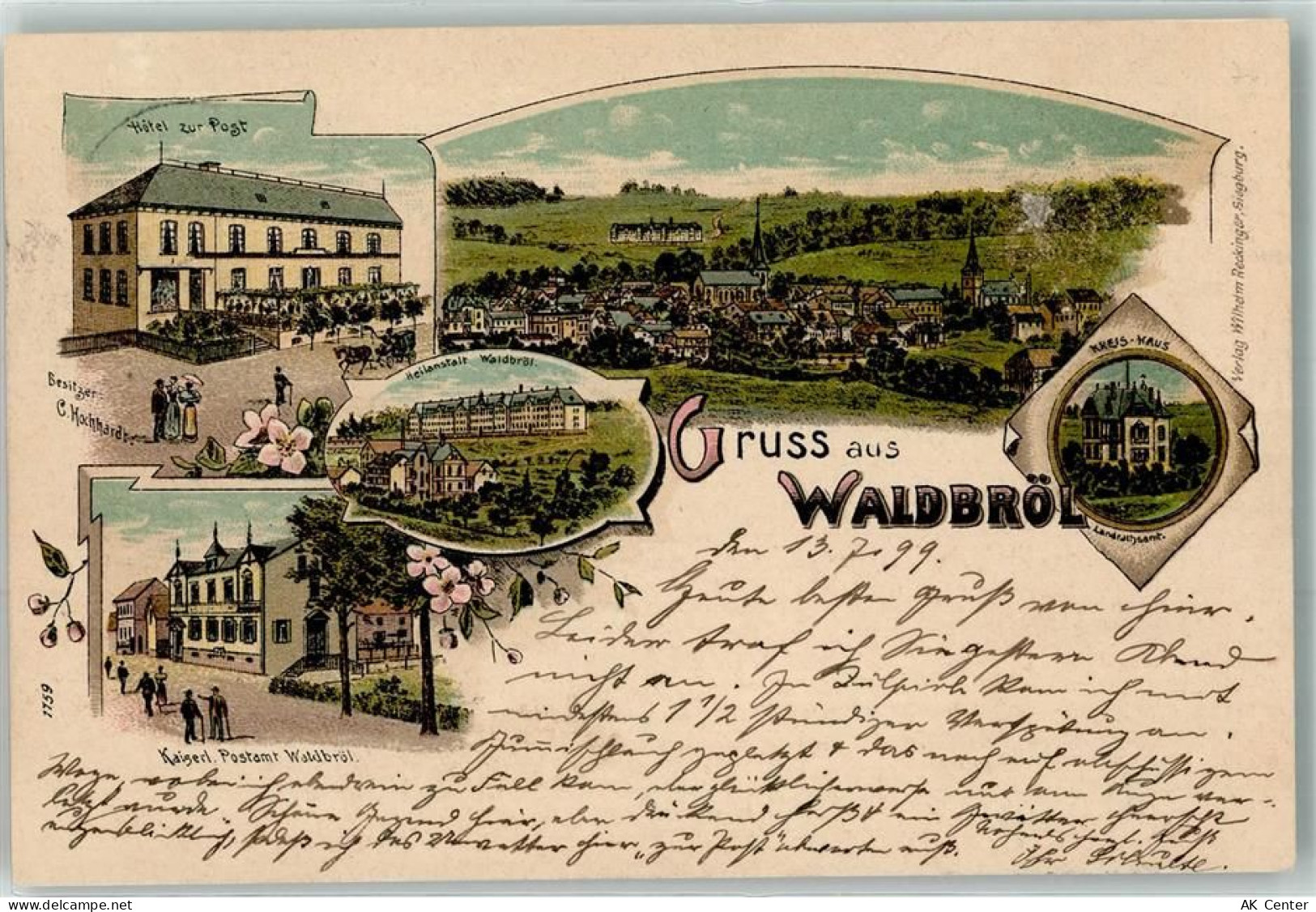 51545 W5220 Waldbröl 1899 Lithographie Hotel Zur Post Kaiserl. Postamt H... - 13619401