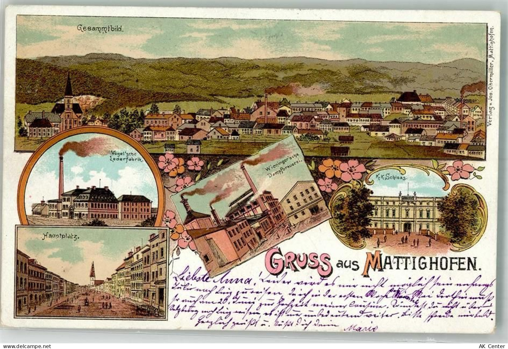 5230 Mattighofen Lithographie Schloss Vogel'sche Lederfabrik Hauptplatz... - 13641181