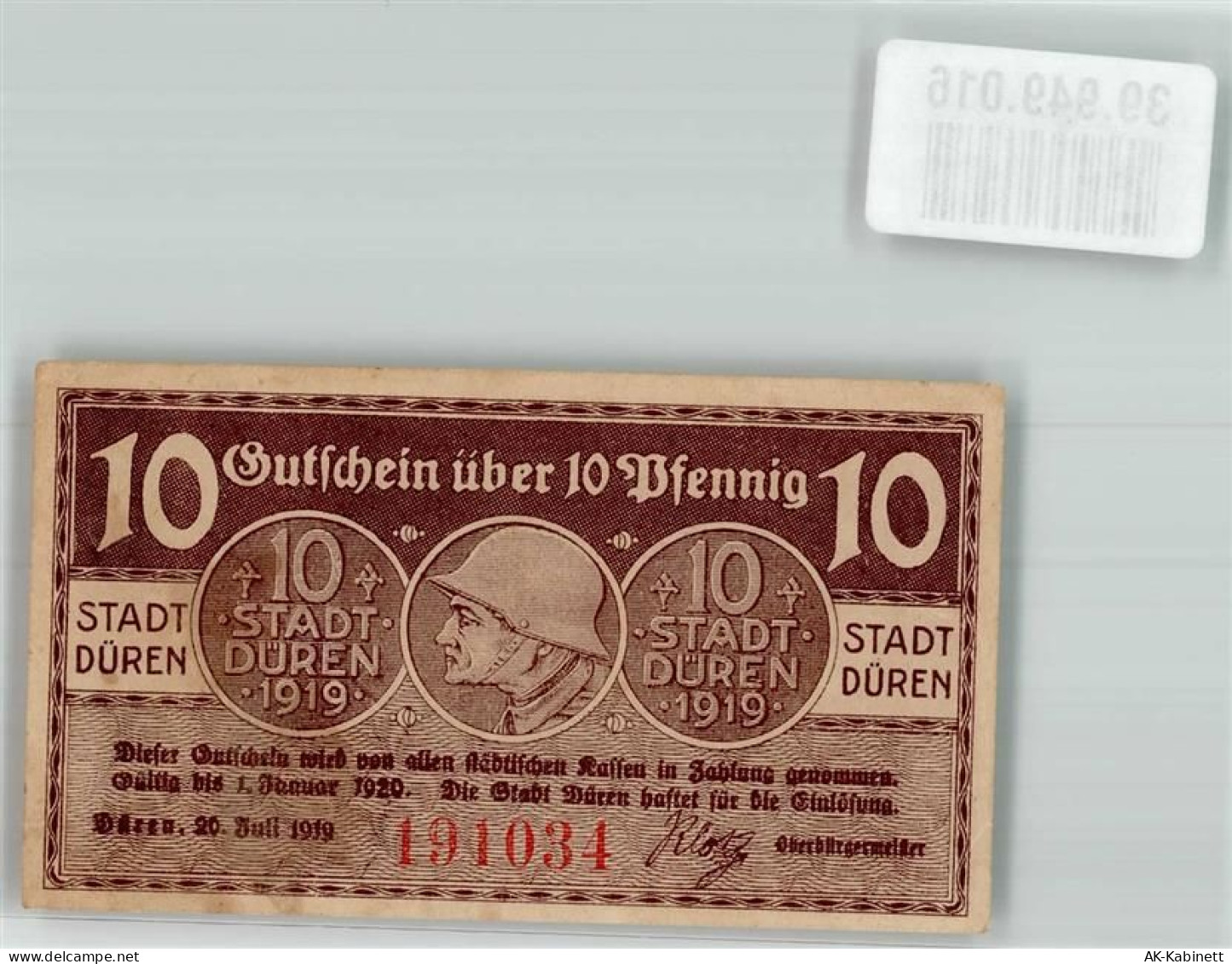 52349 W5160 Düren , Rheinl 1919 Notgeldschein 10 Pfennig - 39949016