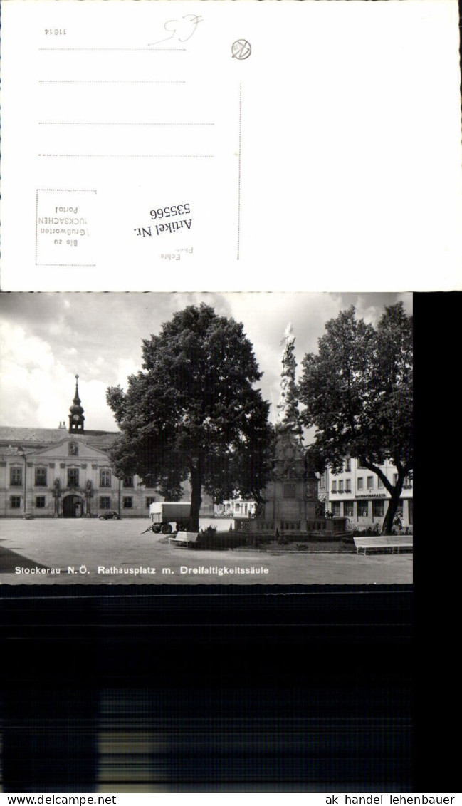 535566,Stockerau Rathausplatz Dreifaltigkeitssäule Bank Raiffeisenkasse