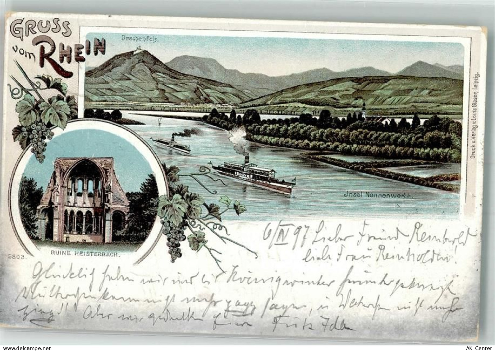 53639 W5330 Königswinter 1897 Lithographie Insel Nonnenwerth Ruine Heist... - 13977538