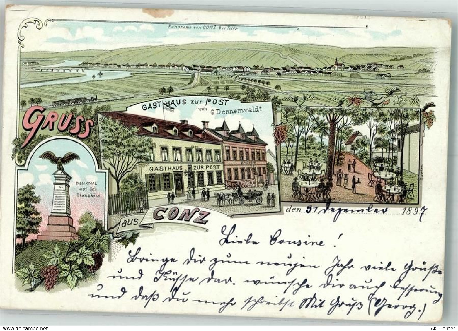 54329 W5503 Konz 1897 Lithographie Gasthaus zur Post Garten Denkmal - 13664976