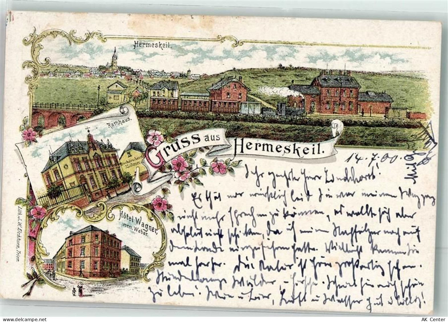 54411 W5508 Hermeskeil 1900 Lithographie Hotel Wagner Rathaus Bahnhof - 13624690