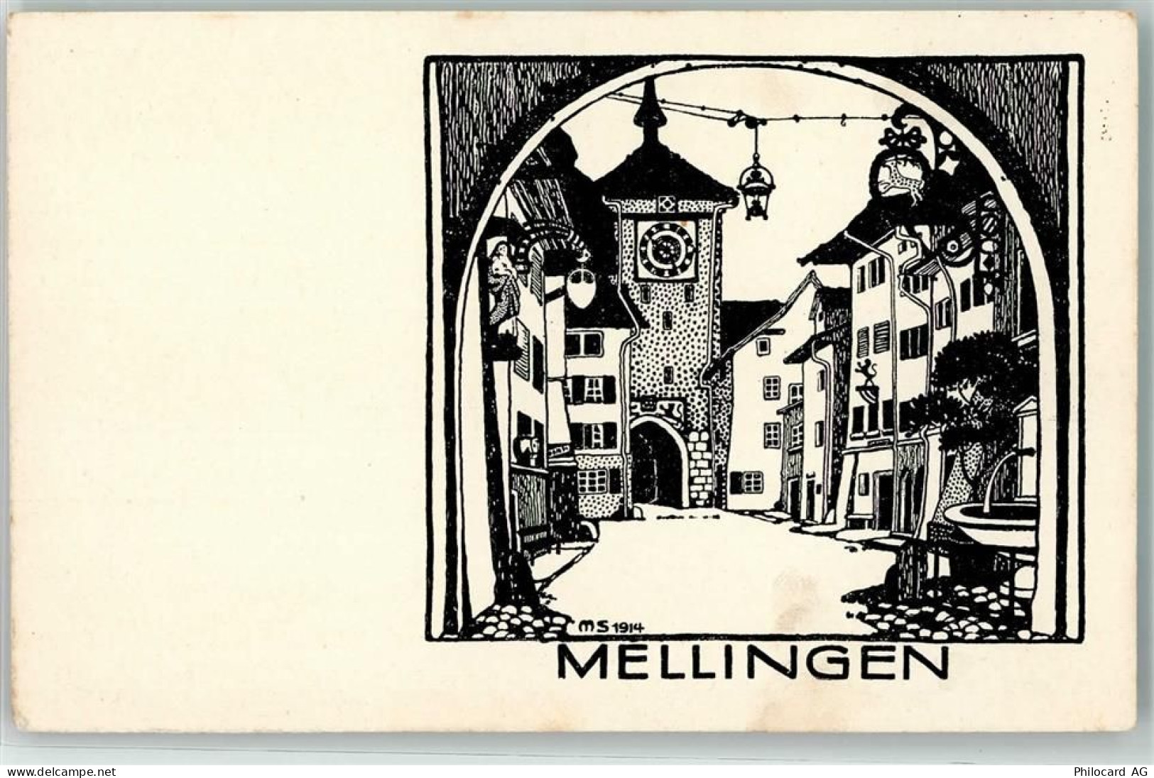 5507 Mellingen Künstlerkarte Turm Tor Uhr Brunnen sign. MS 1914 - 13938061