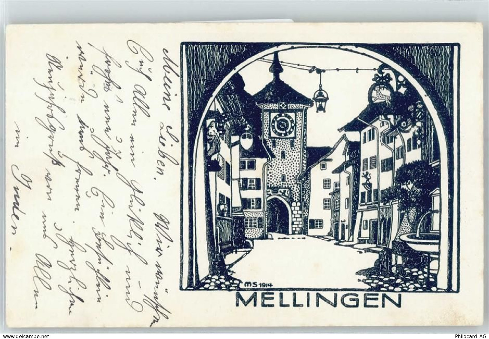 5507 Mellingen - Zeichnung, Ortspartie - 51100743