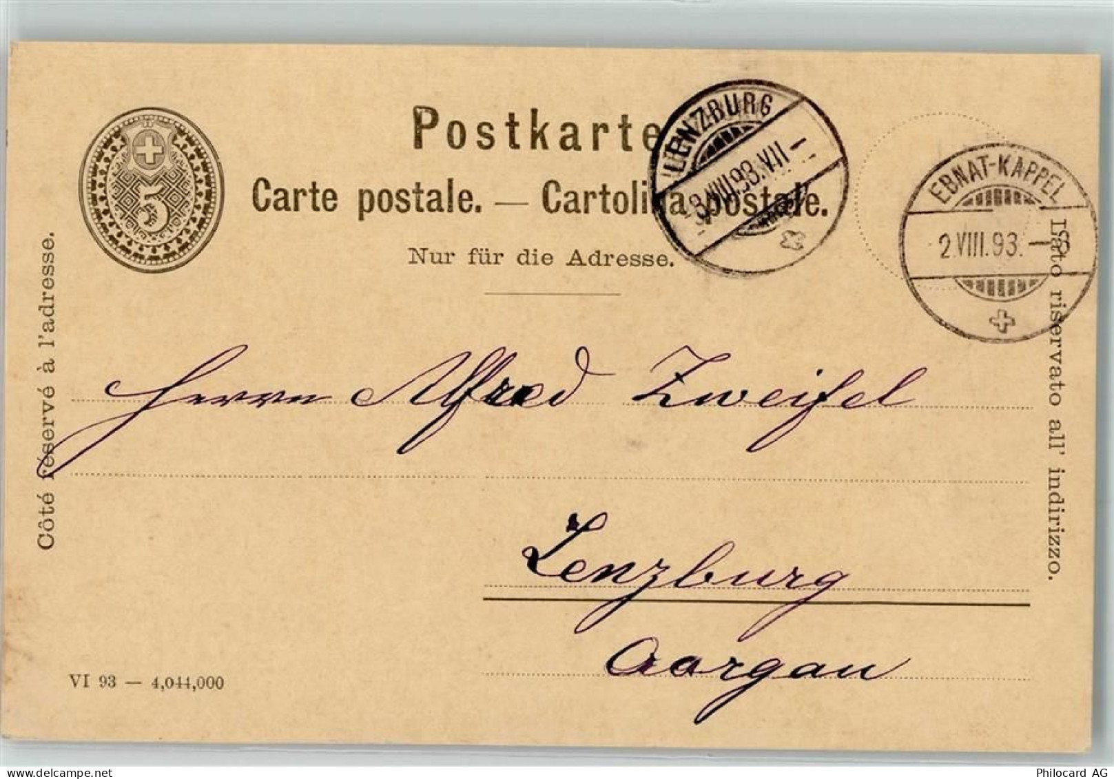 5600 Lenzburg 1893 - Postkarte Alfred Zweifel Malaga Bestellung - 10499194