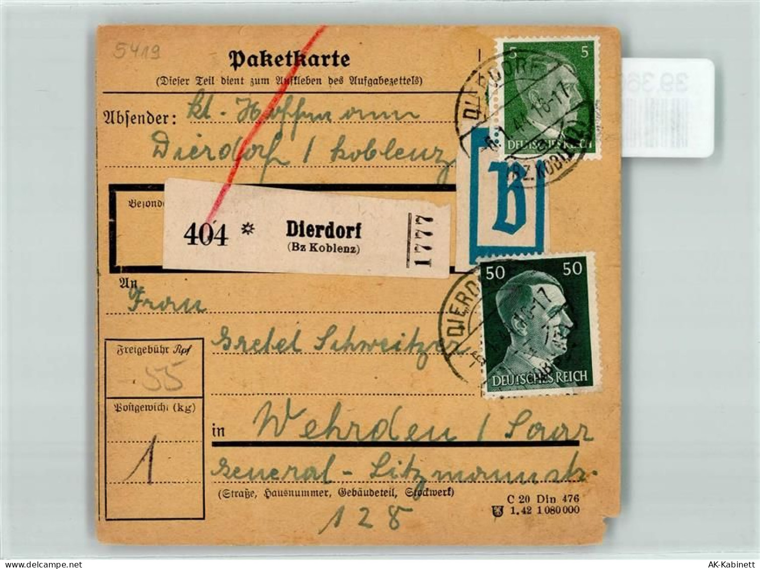 56269 W5419 Dierdorf KEINE AK Paketkarte - 39366620