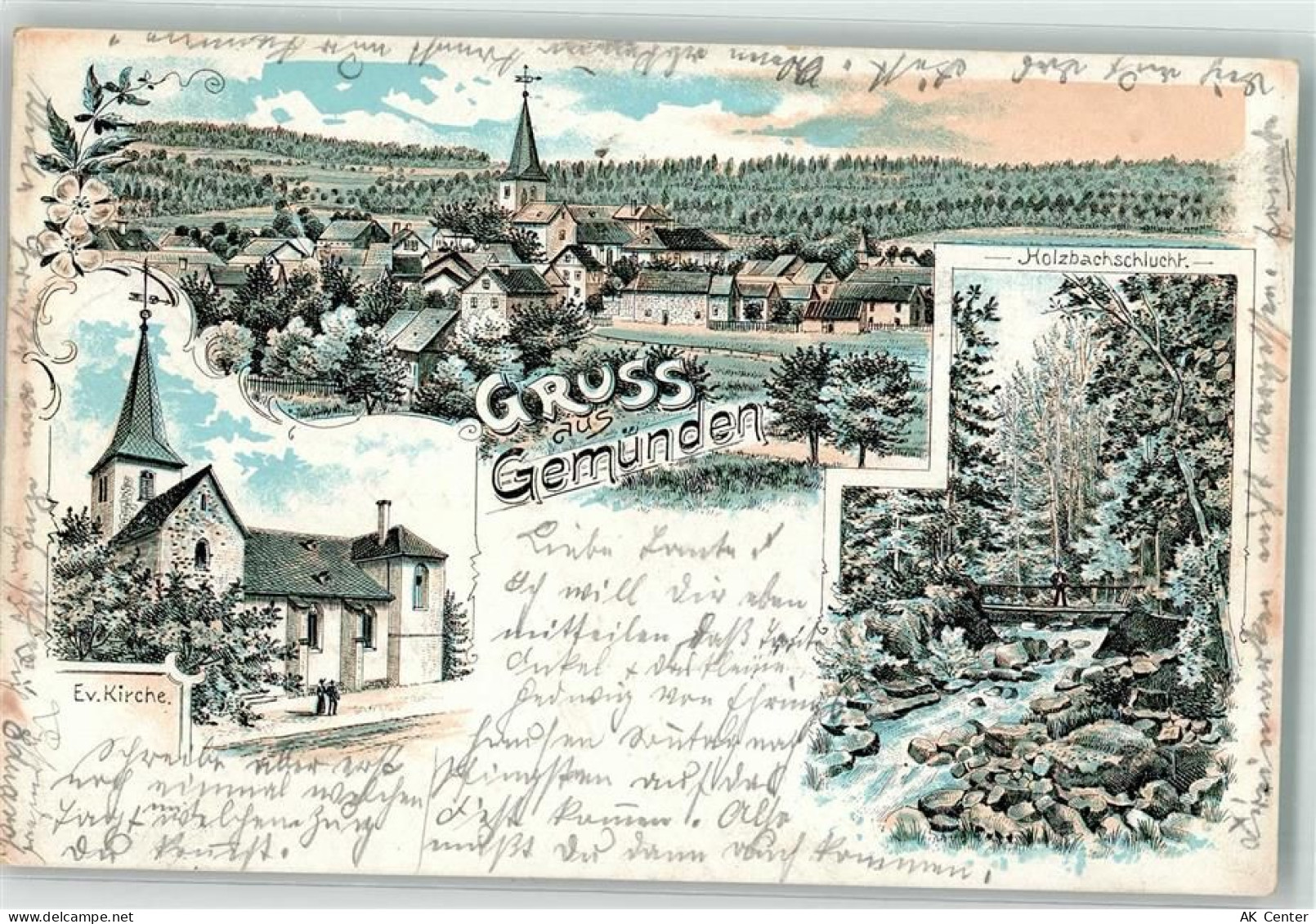 56457 W5439 Gemünden , Westerw 1901 Lithographie Holzbachschlucht Ev. Ki... - 13629980