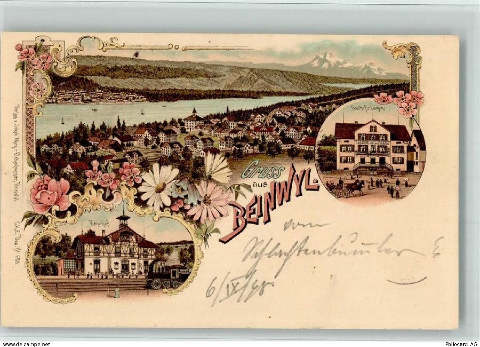 5712 Beinwil am See 1899 BOAKC Bahnhof Gasthof Löwen Lithographie - 13700291