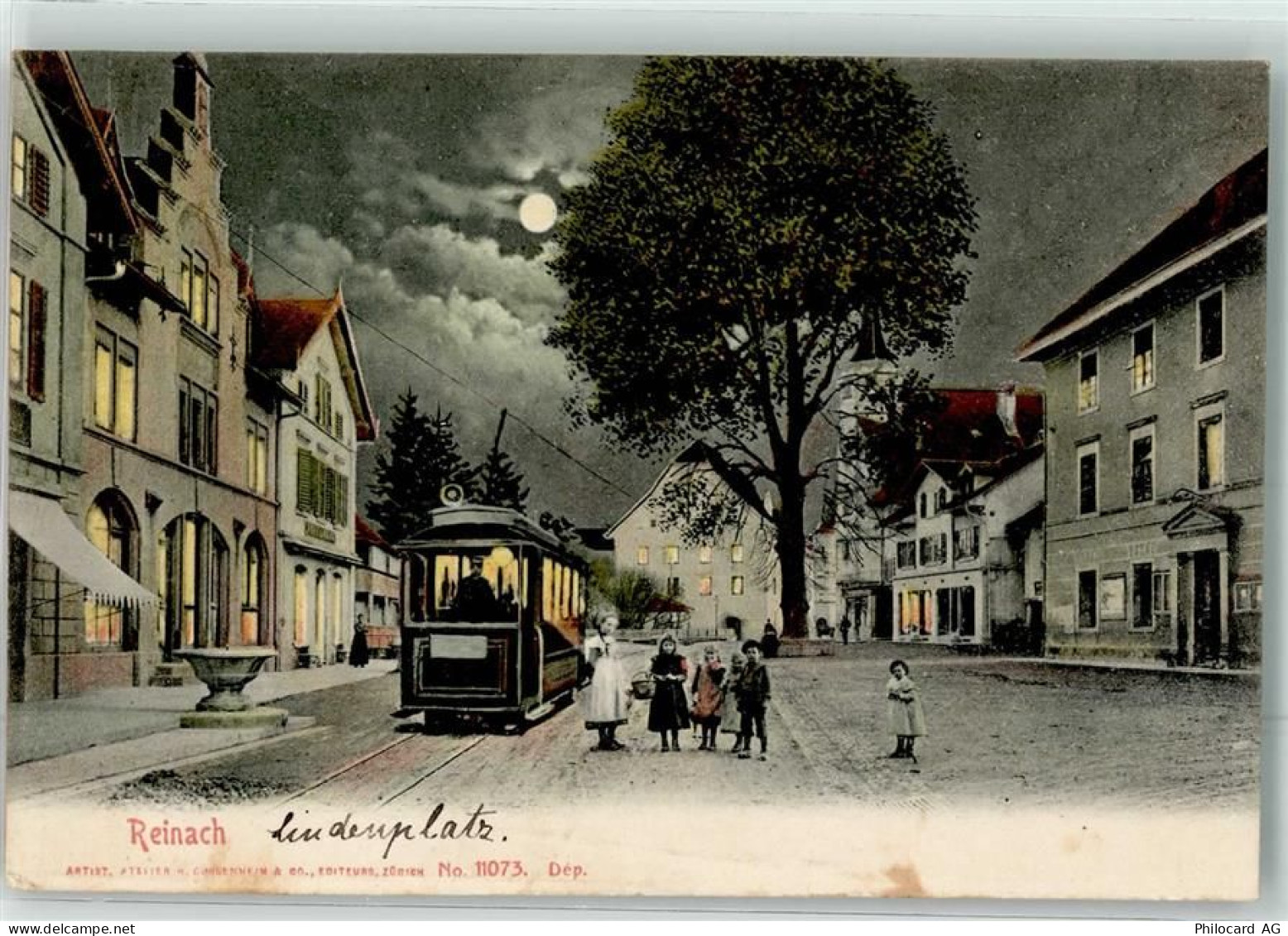 5734 Reinach AG 1907 Lithographie / Mondschein Straßenbahn Lindenplatz... - 13623286