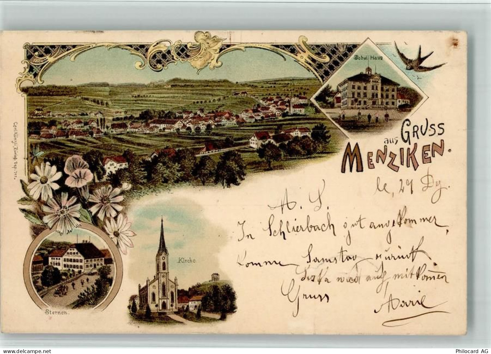 5737 Menziken 1898 BOAKC Lithographie Gasthaus Sternen Kirche Schulhaus ... - 13702382