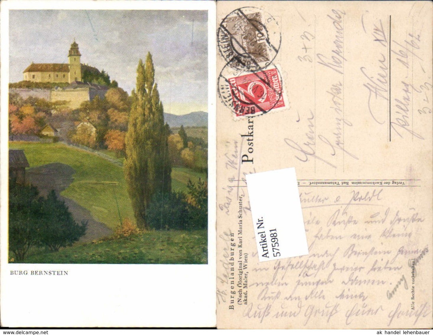 575981,K&uuml;nstler AK Karl Maria Schuster Burg Bernstein b. Oberwart