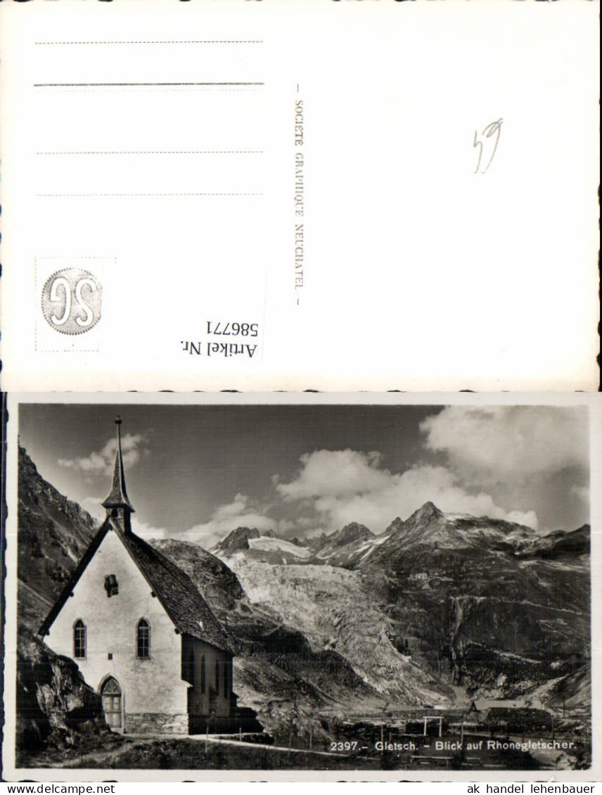 586771,Foto Ak Gletsch Obergoms Blick auf Rhonegletscher Kirche Switzerland