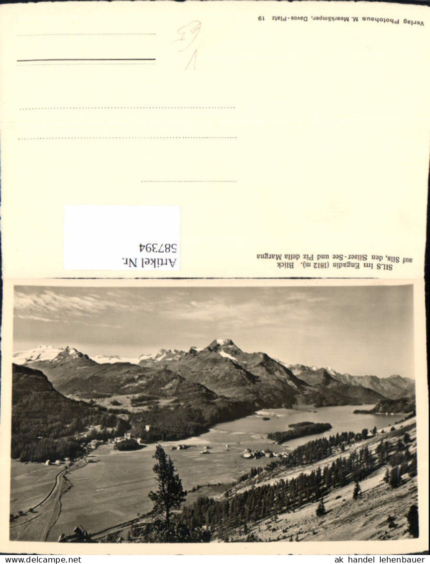 587394,Foto Ak Sils im Engadin/Segl Blick geg. Sils Silsersee u. Piz della Margna Switzerland pub M. Meerkämper 19