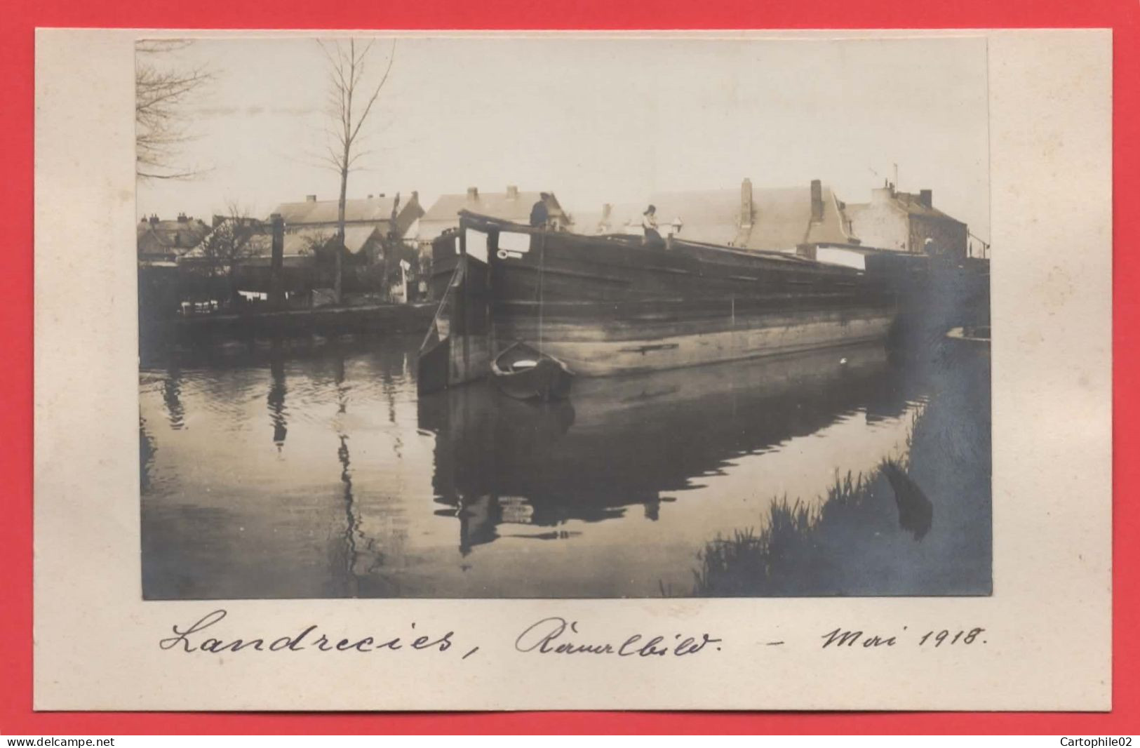 59 - Landrecies - Photo de péniche collée sur une carte