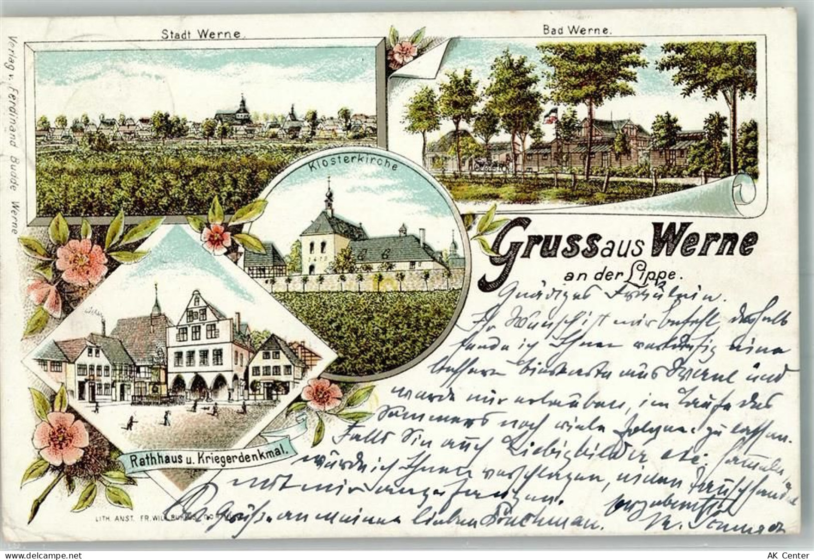 59368 W4712 Werne 1896 Lithographie Rathaus Kriegerdenkmal Klosterkirche... - 13645795
