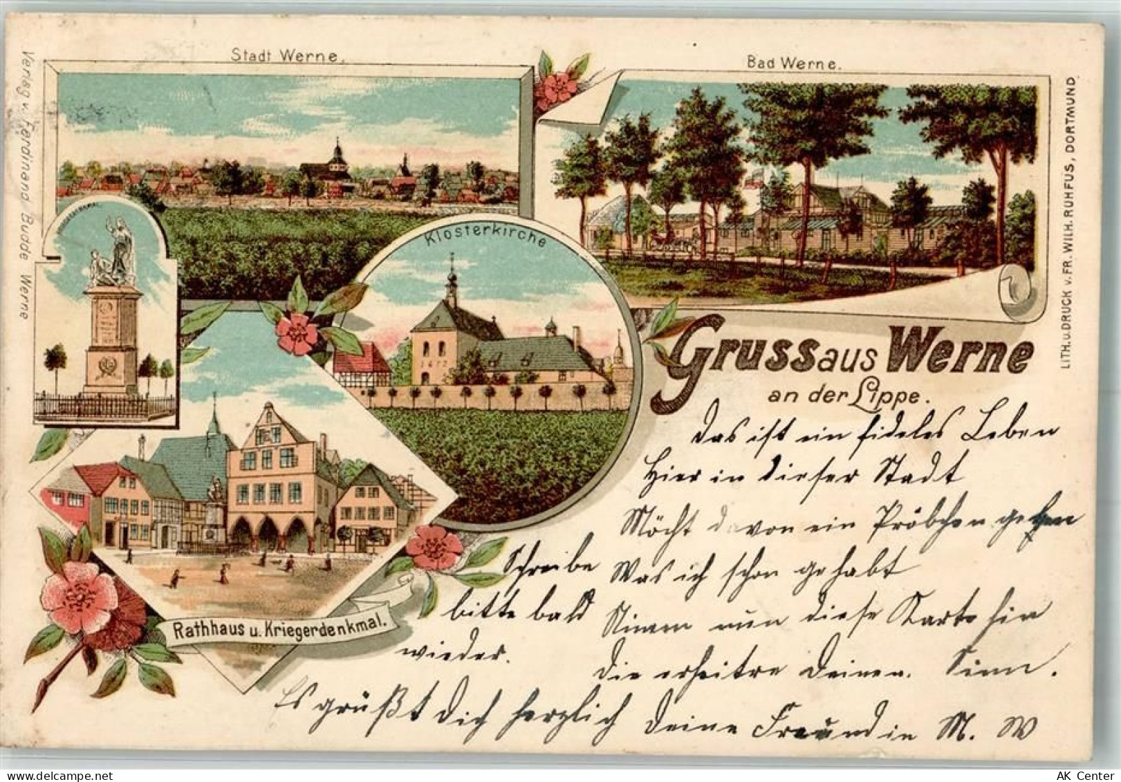 59368 W4712 Werne 1899 Lithographie Rathaus Kriegerdenkmal Klosterkirche... - 13645791