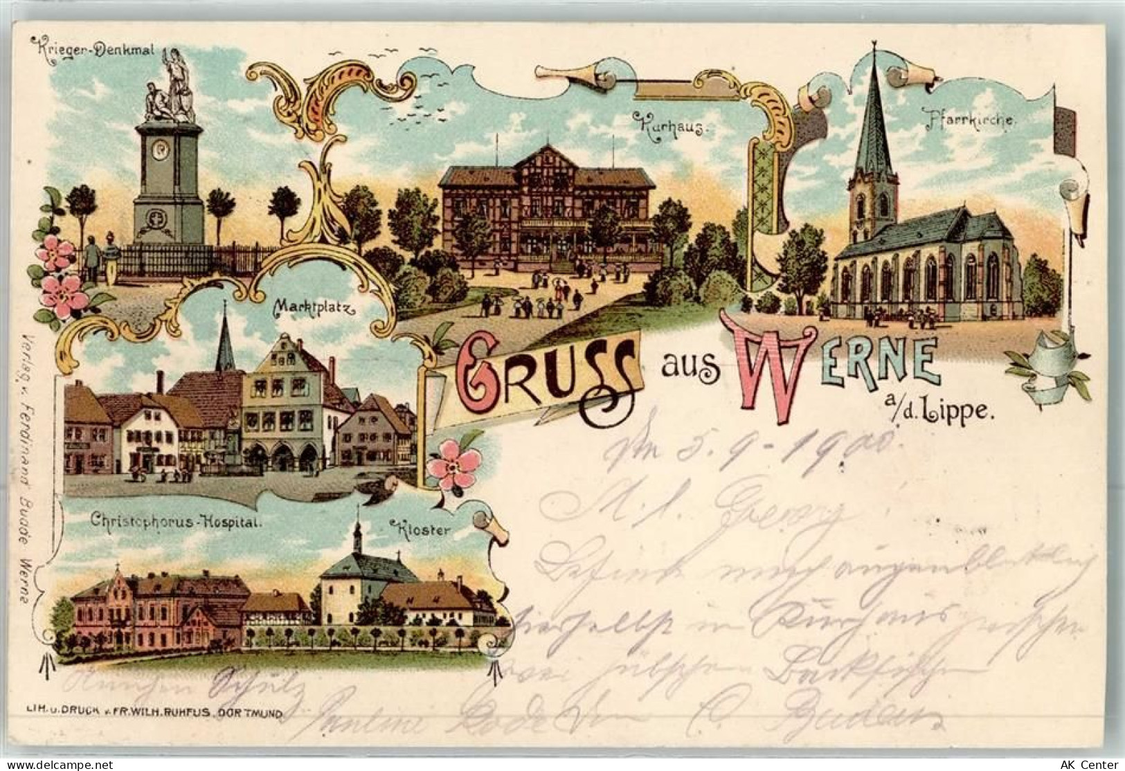 59368 W4712 Werne 1900 Lithographie Kriegerdenkmal Kurhaus Pfarrkirche M... - 13613860