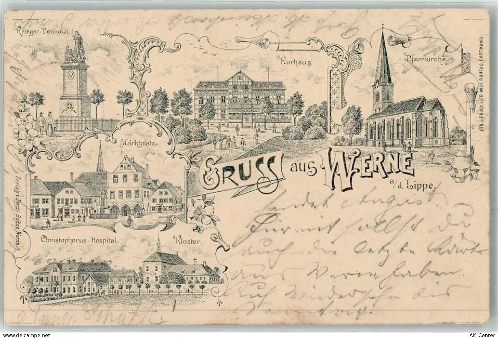 59368 W4712 Werne 1902 Lithographie Kriegerdenkmal Kurhaus Pfarrkirche M... - 13614421
