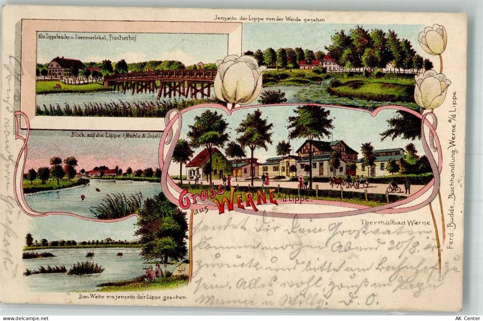 59368 W4712 Werne 1904 Lithographie Alte Lippebrücke Thermalbad Werne Da... - 13645762