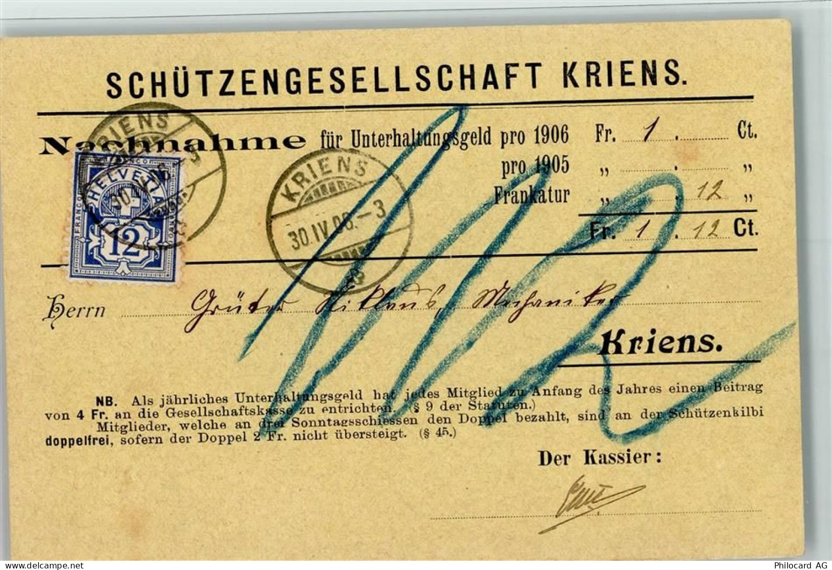 6010 Kriens 1906 KEINE AK Nachnahme für Unterhaltsgeld - Schützengesells... - 13094414