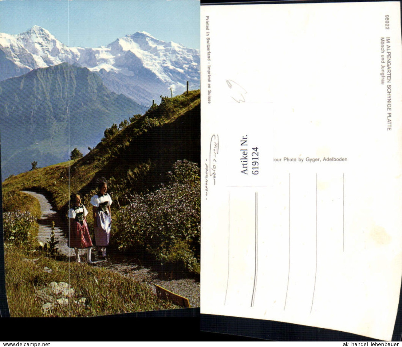 619124,Foto Ak Gündlischwand Wilderswil Im Alpengarten Schynige Platte Mönch u. Jungfrau Frauen Tracht