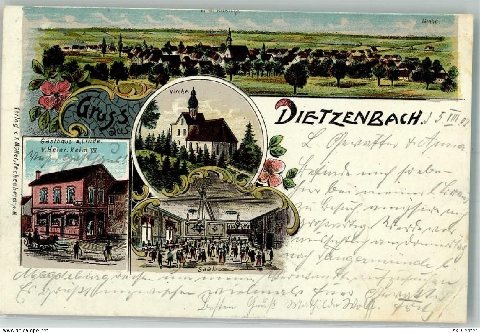 63128 W6057 Dietzenbach 1907 Gebrauchsspuren Lithographie Gasthaus zur L... - 13658500