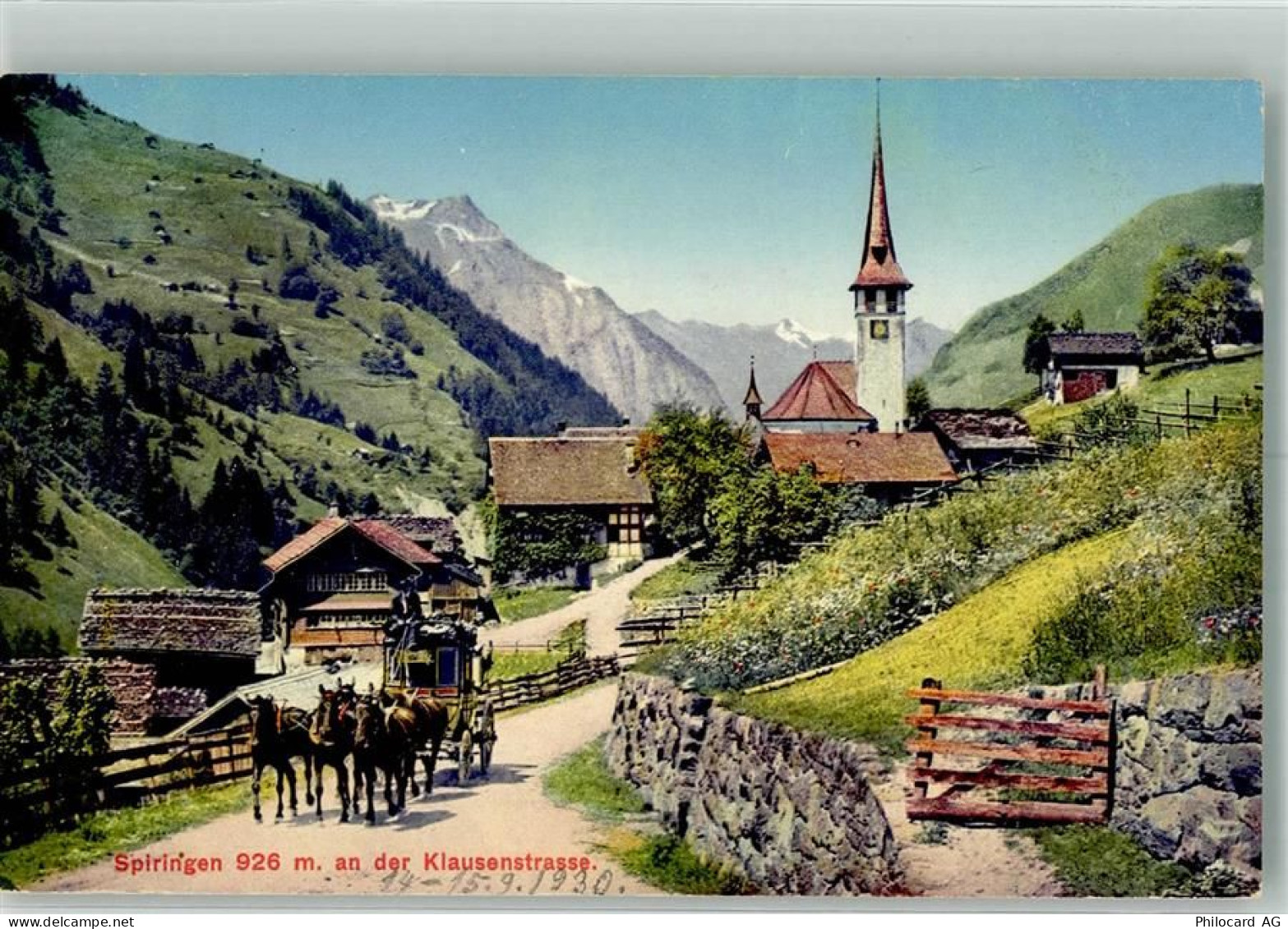 6464 Spiringen 1930 Foto AK Postkutsche Kirche - 13990550