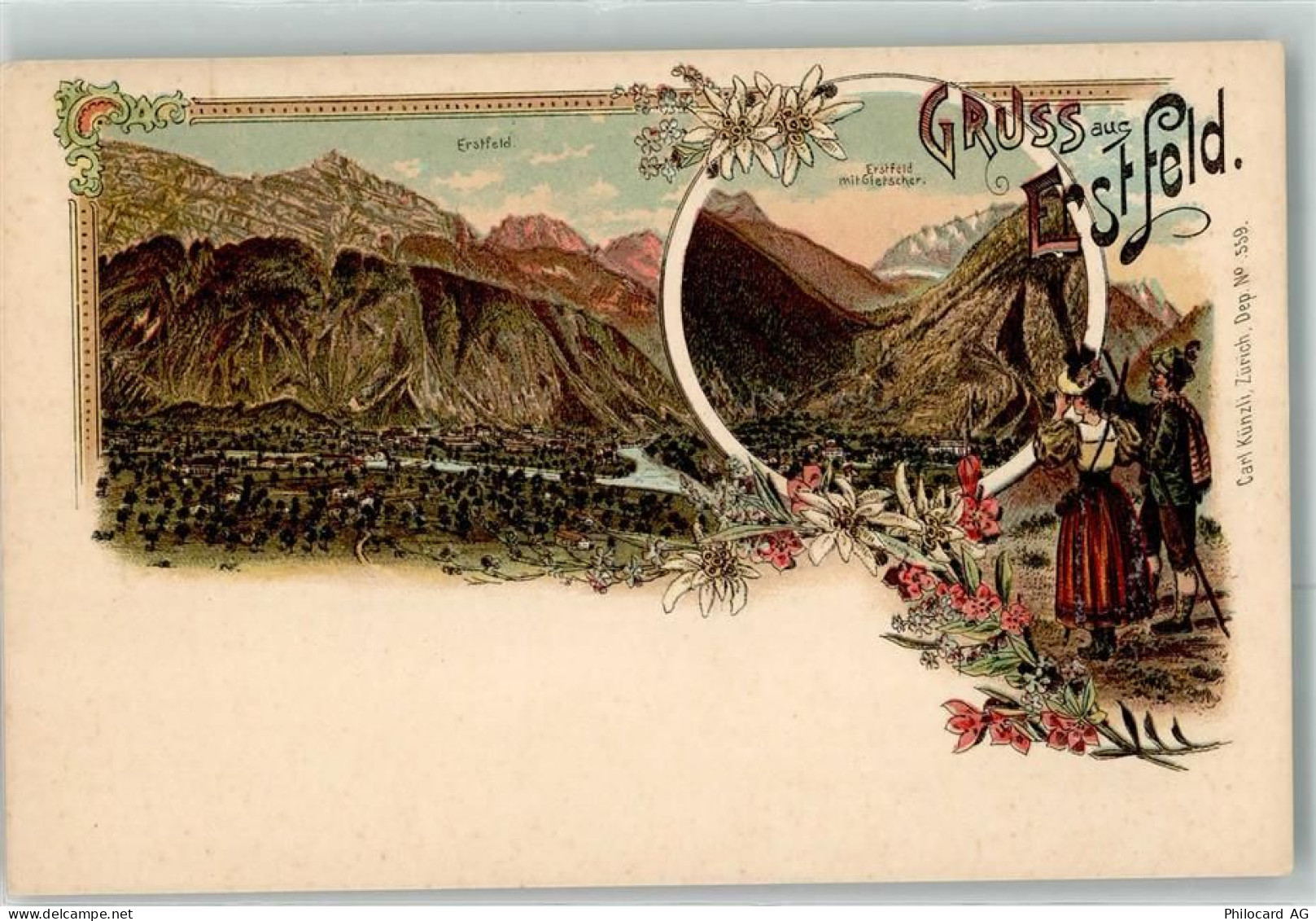 6472 Erstfeld Lithographie Gletscher Wanderer Edelweiss Verlag Künzli Nr... - 13616317