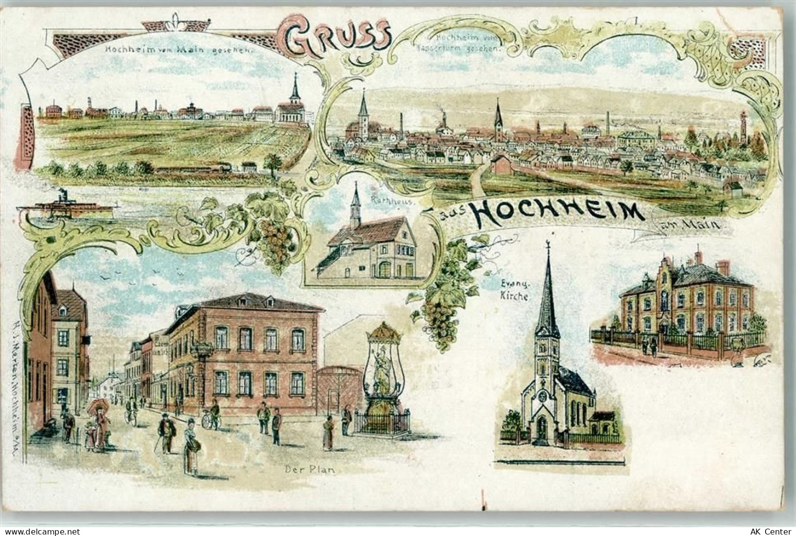 65239 W6203 Hochheim am Main Lithographie Rathaus Der Plan Ev. Kirche - 13606223