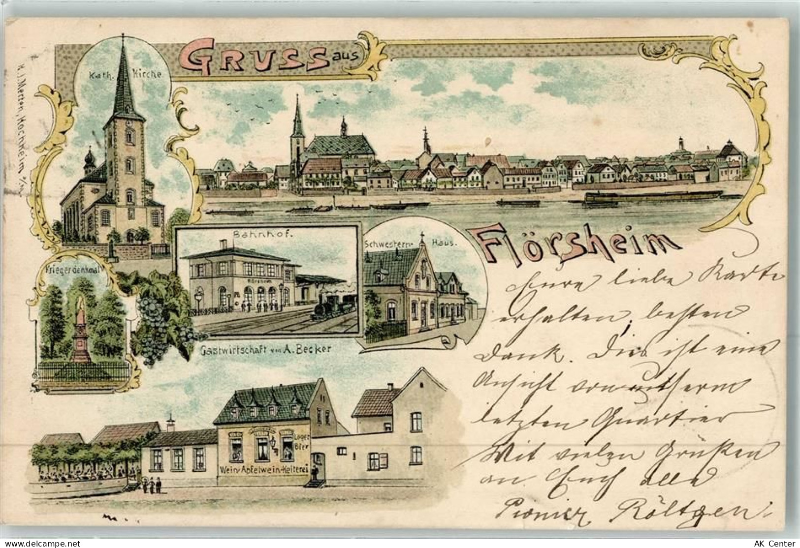 65439 W6093 Flörsheim am Main 1899 Lithographie Kath. Kirche Kriegerdenk... - 13611838