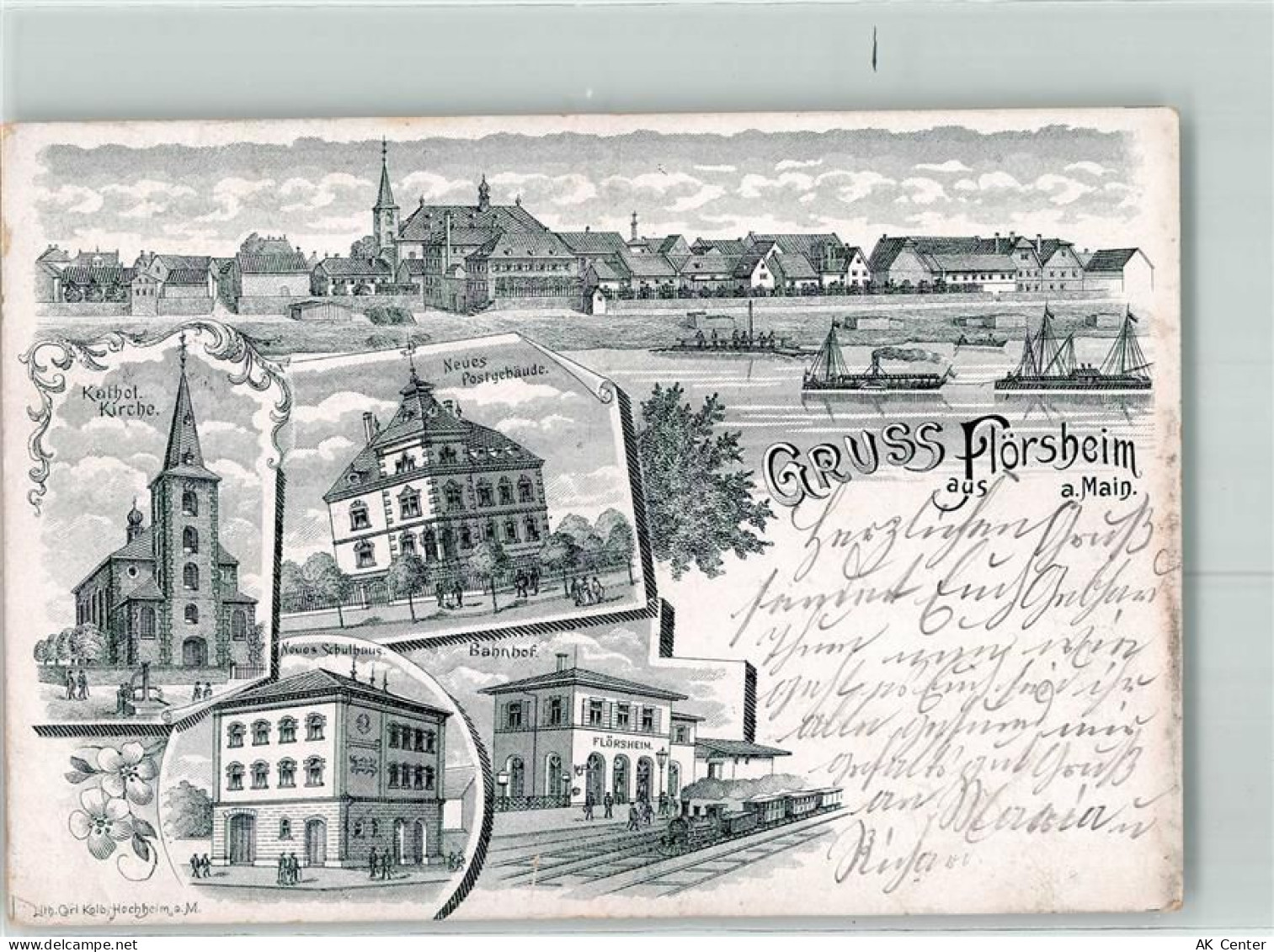 65439 W6093 Flörsheim am Main 1902 Lithographie Kath. Kirche Neues Postg... - 13612303