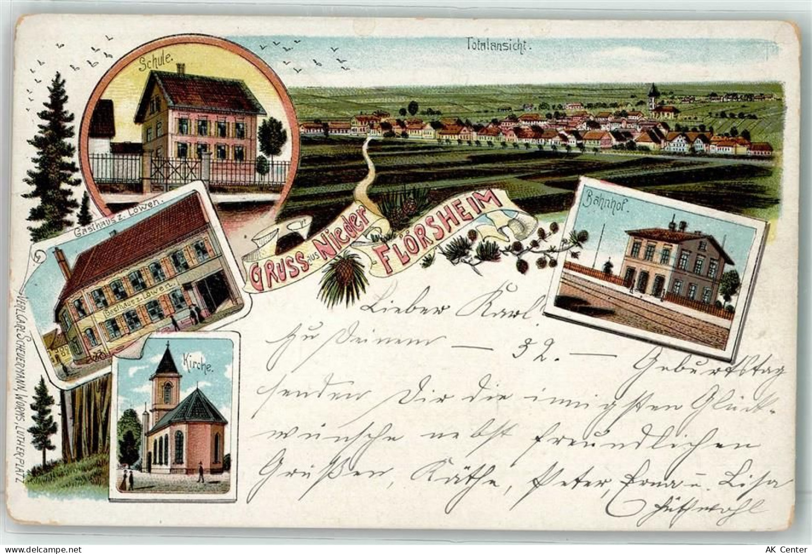 65439 W6093 Flörsheim am Main Lithographie Schule Gasthaus Zum Löwen Kir... - 13617192