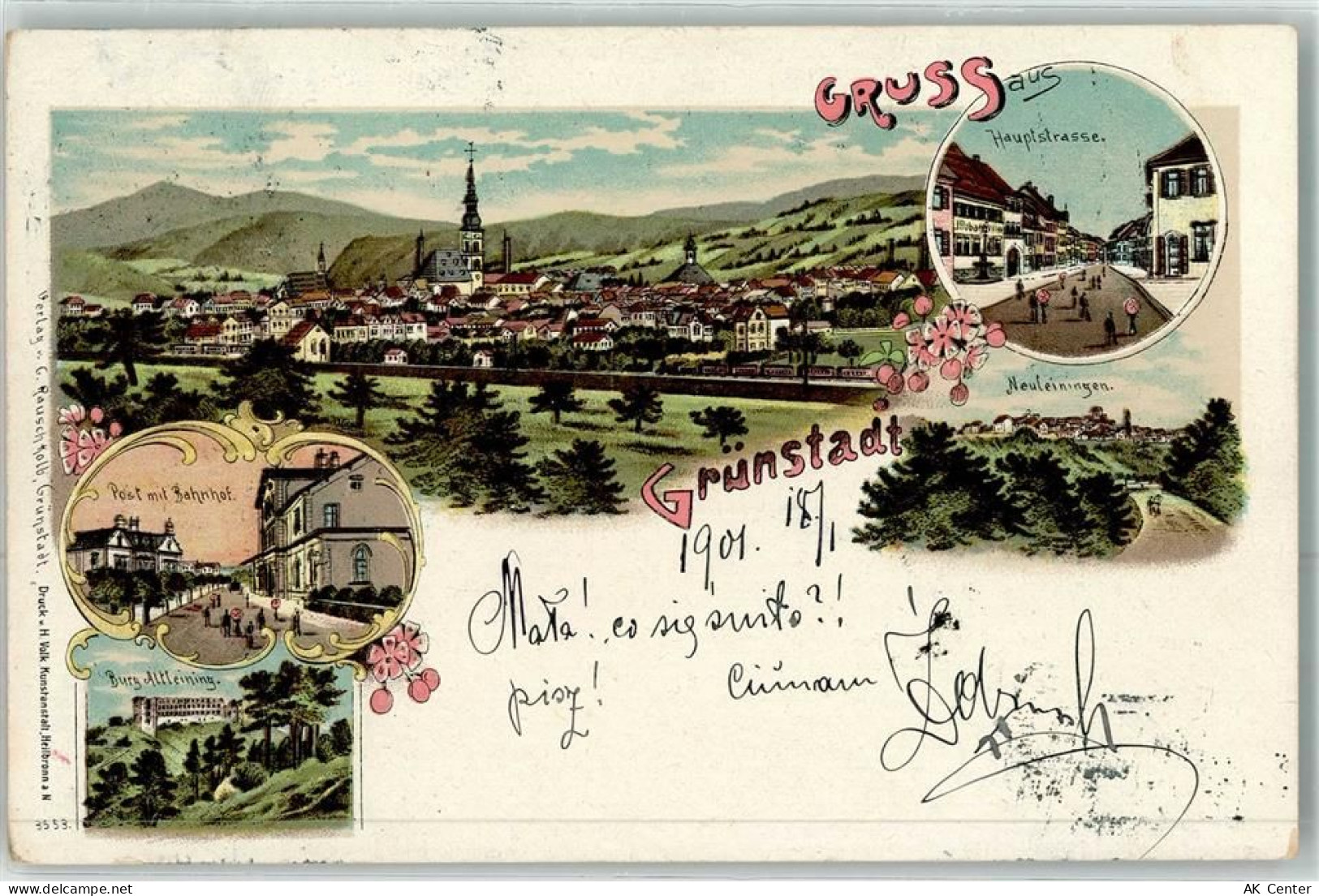 67269 W6718 Grünstadt 1901 Lithographie Hauptstraße Neuleiningen Post Ba... - 13614655
